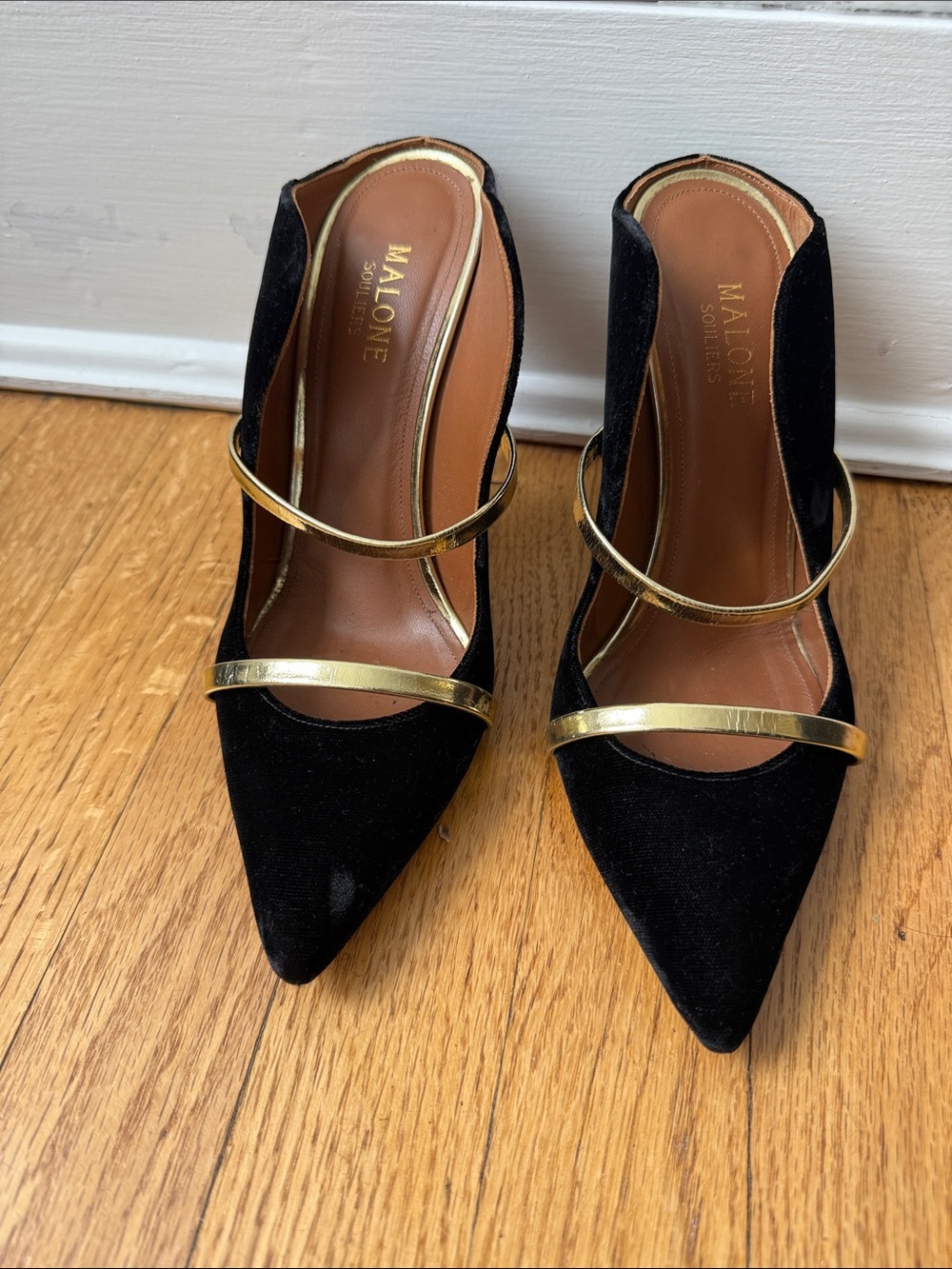 Malone Souliers Black Velvet Pointed Mules with Gold Straps